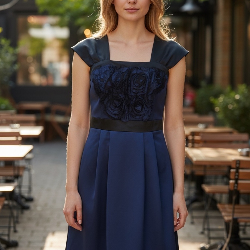 Max & Cleo Navy Rosette-Embellished Midi Dress